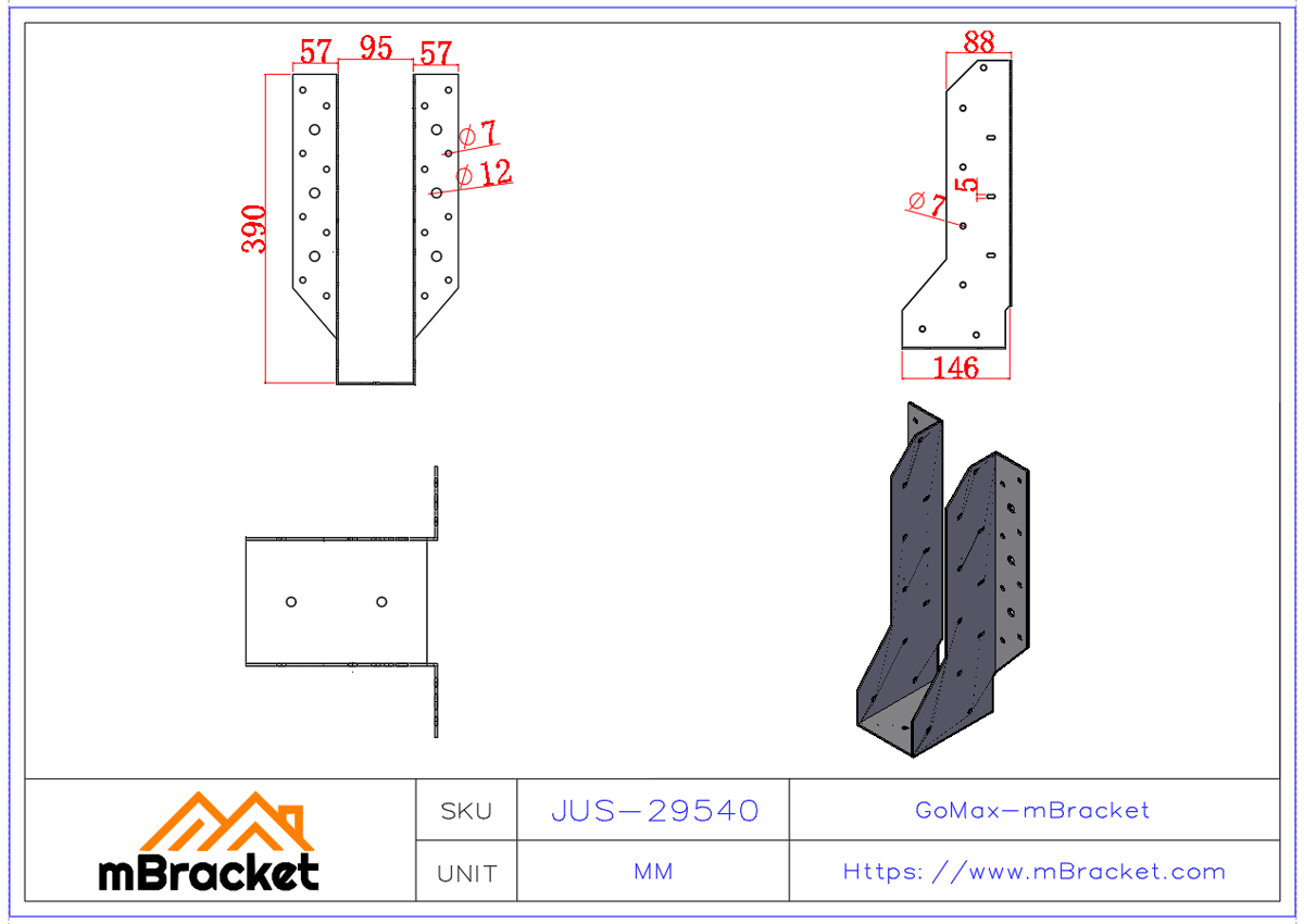 U-Shaped Joist Hanger for Composite Beams in Wood and Light Steel Structures - 2*95*390 Product Dimensions