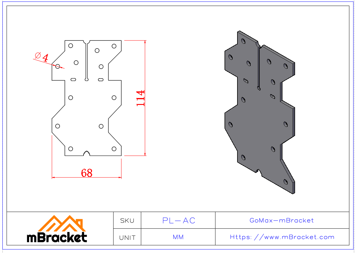 Flat Connector Plate for Timber Frame Houses - Metal Flat Tie - 2*68*114 Product Dimensions