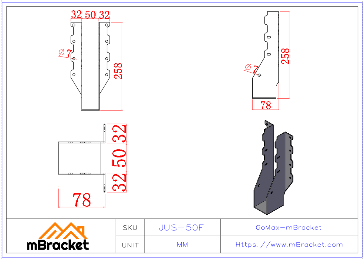 Joist Hanger U-Bracket Timber Frame Connector Large Beam Seat - 2*50*257 Product Dimensions