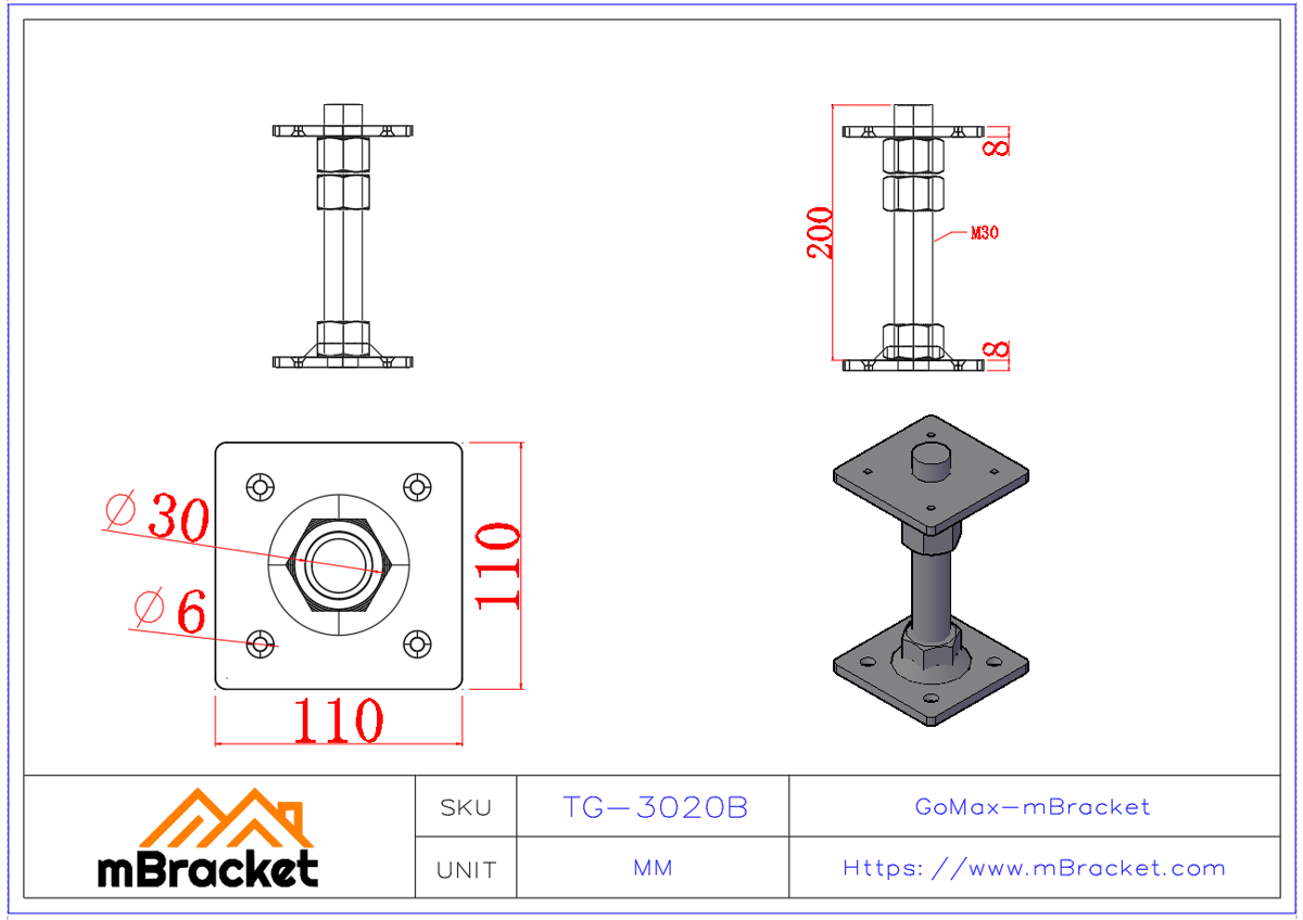 Adjustable Screw Jack / Leveling Screw / Timber Connector M30 - M30*200 Product Dimensions