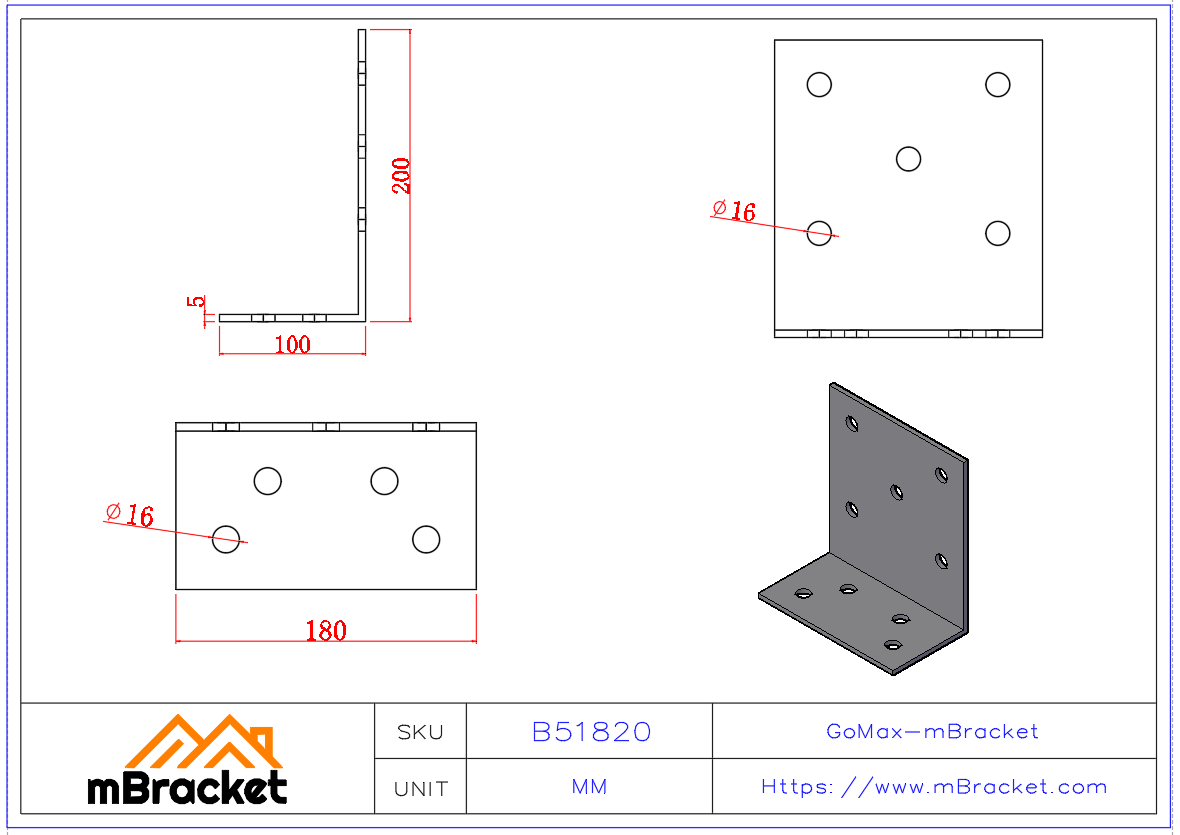 Heavy-Duty Timber Angle Bracket Thickened Type Connector - 5*180*100*200 Product Dimensions
