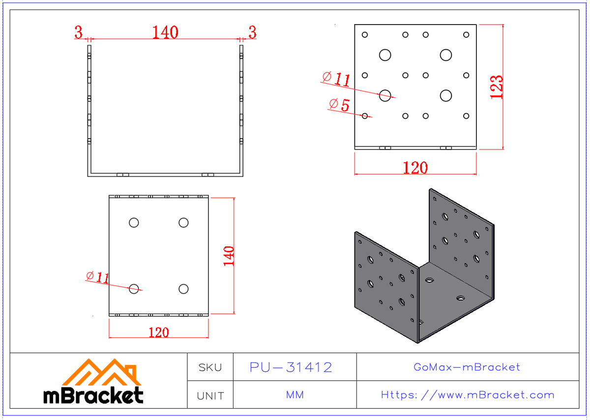 U-Column Base Connector Column Shoe Steel Column Base - 3*140*123*120 Product Dimensions