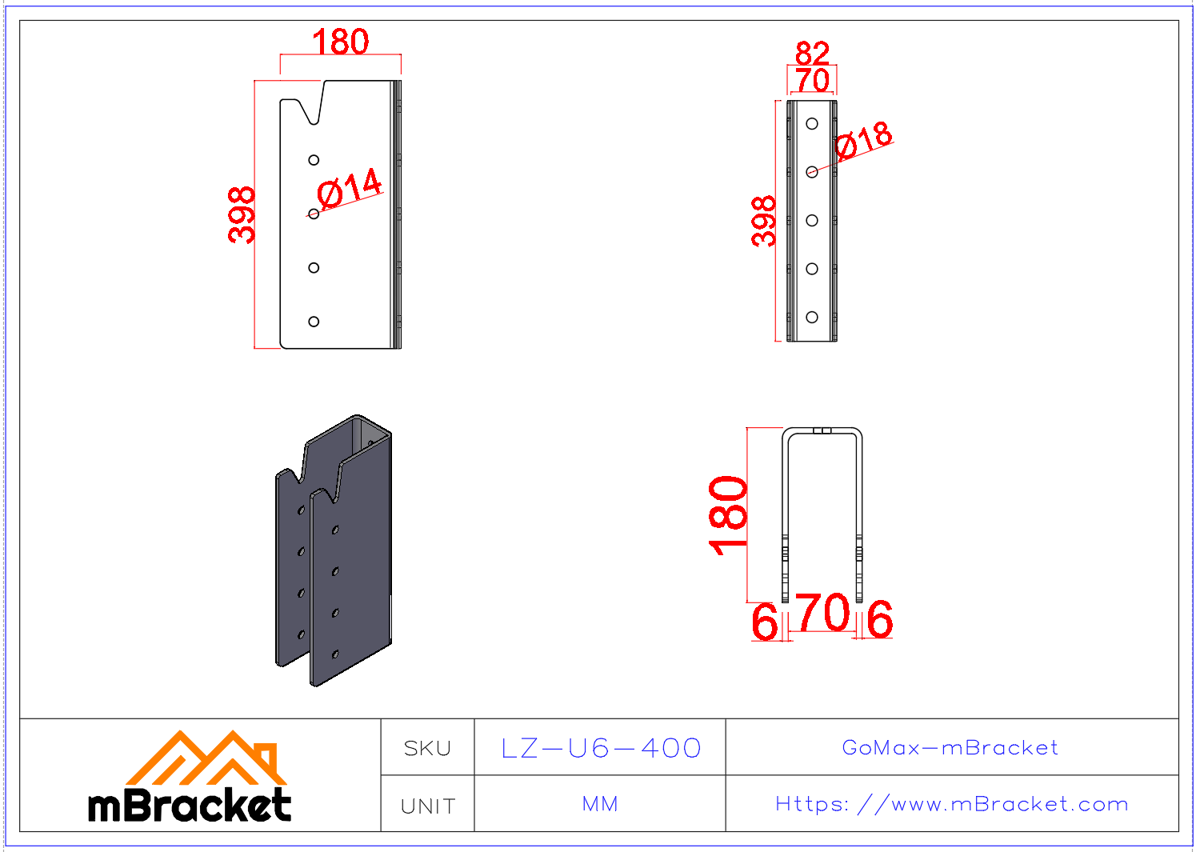 Concealed U-Shaped Beam-to-Column Connector for Japanese Timber Structures - 6*82*398 Product Dimensions