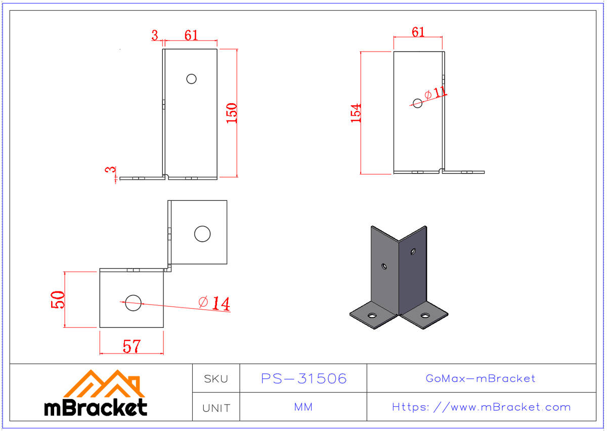Square Post Base Connector Split Column Shoe Steel Structure Base - 3*60*60*150 Product Dimensions
