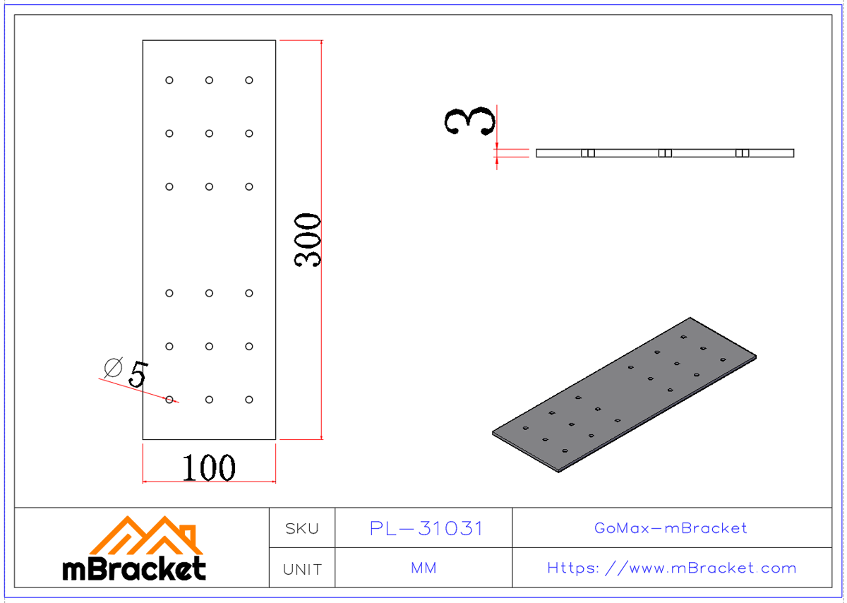 Flat Beam Connector, Timber Frame Metal Connector - 3*100*300 Product Dimensions