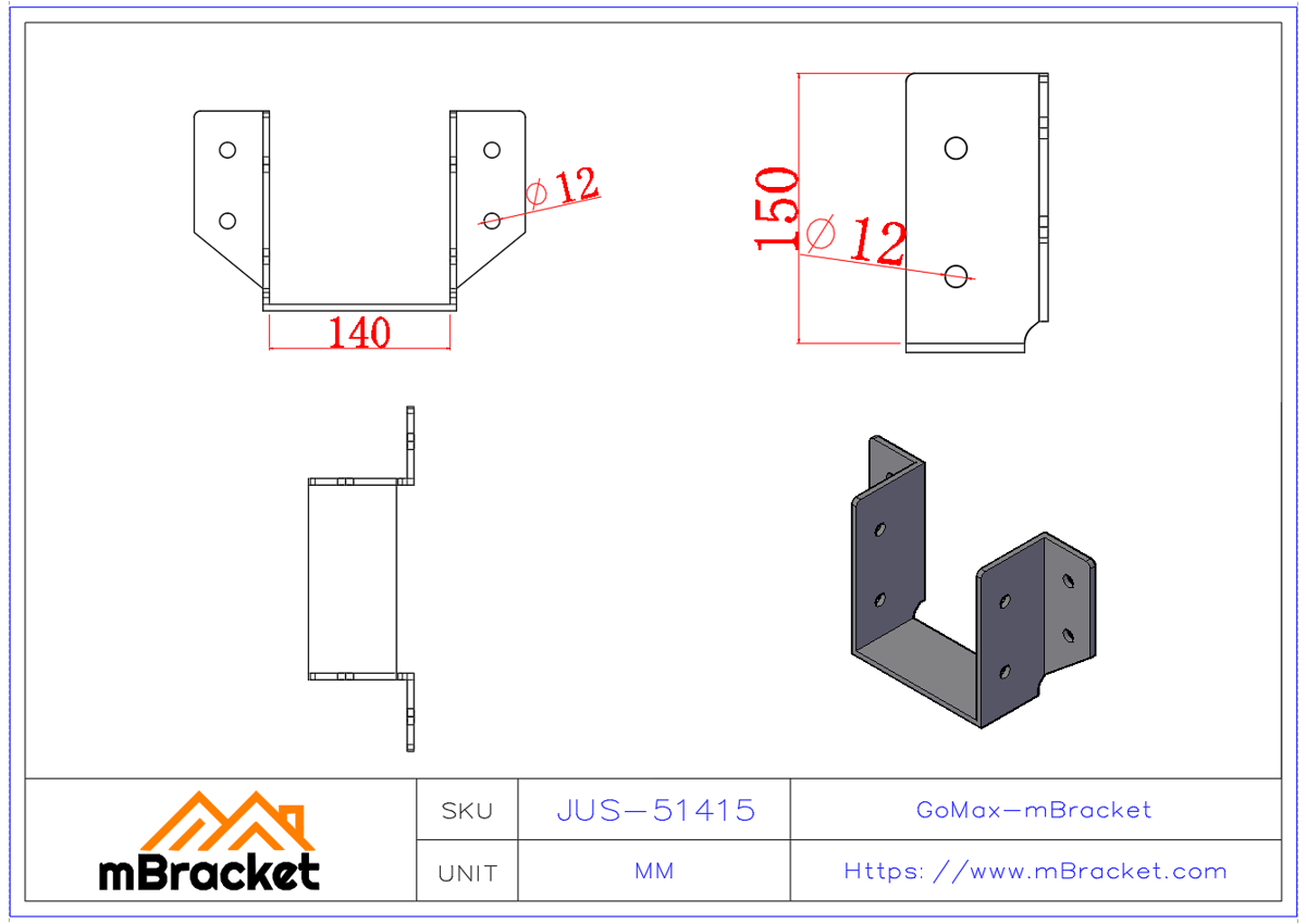 Heavy Duty Joist Hanger for Steel and Wood Structures - 5*140*150 Product Dimensions