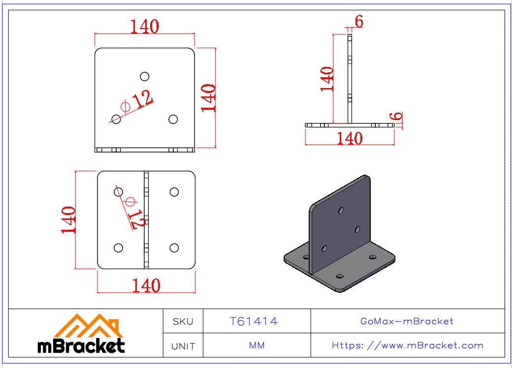 T-Type Post Base Concealed Angle Bracket Wood Column to Ground Connector - 6*140*140*140 Product Dimensions