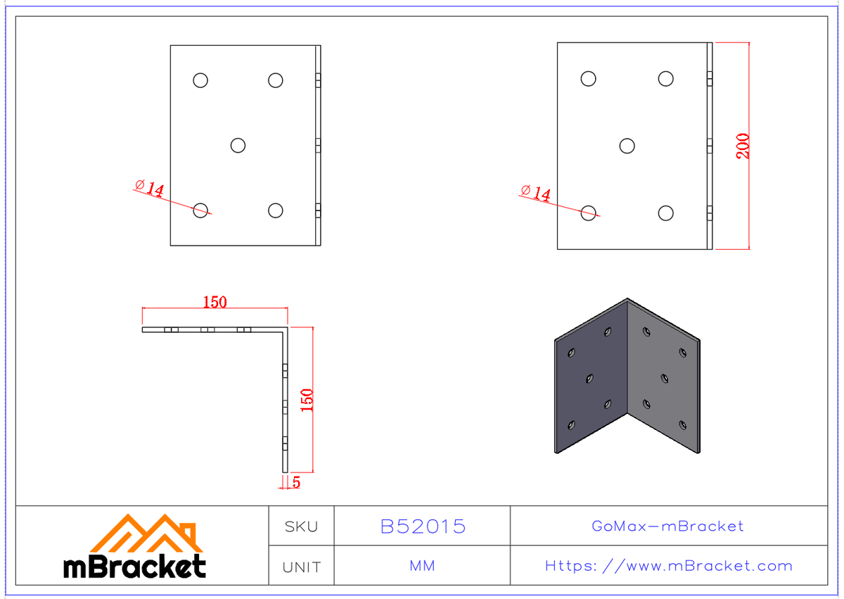Heavy-Duty Angle Bracket L-Shaped Steel Connector for Building Structures - 5*200*150*150 Product Dimensions