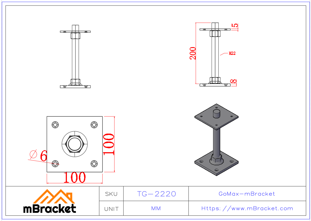 Timber House Jack Screw Adjustable Bolt M22*200 Structural Connector - M22*200 Product Dimensions