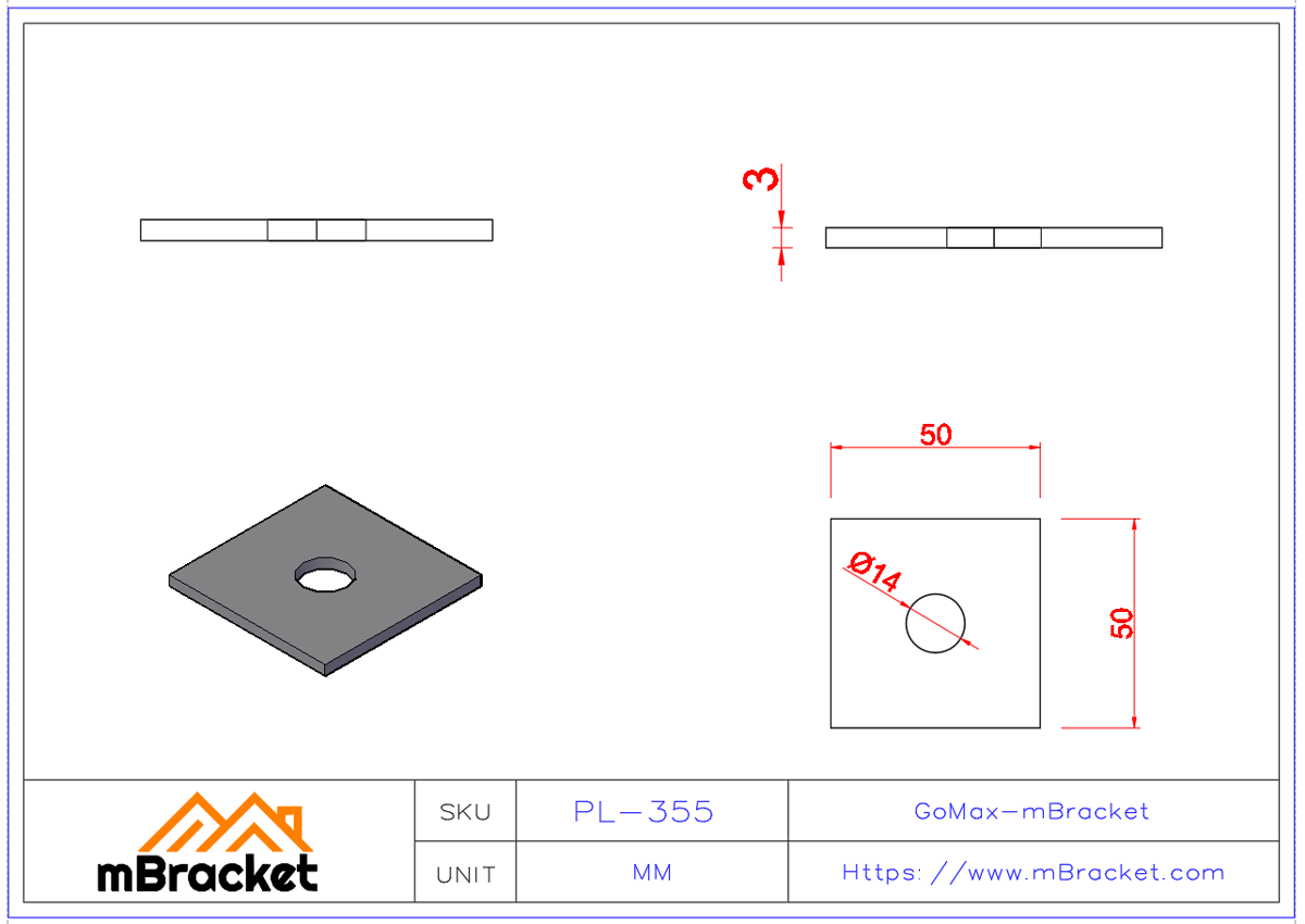 Square Flat Washer, Oversized Thick Washer, Building Hardware - 3*50*50 Product Dimensions