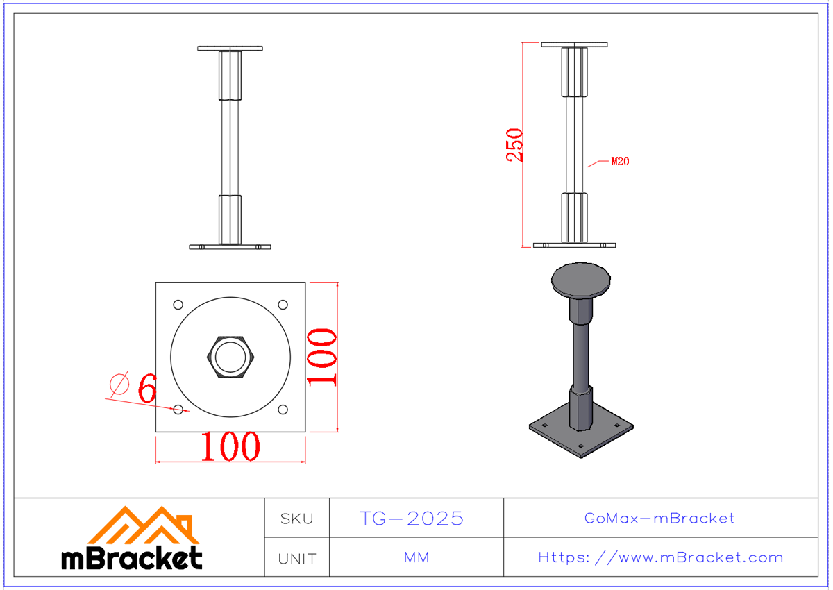 Adjustable Screw Jack / Leveling Screw / Telescopic Screw / Timber Connector - 20*250 Product Dimensions
