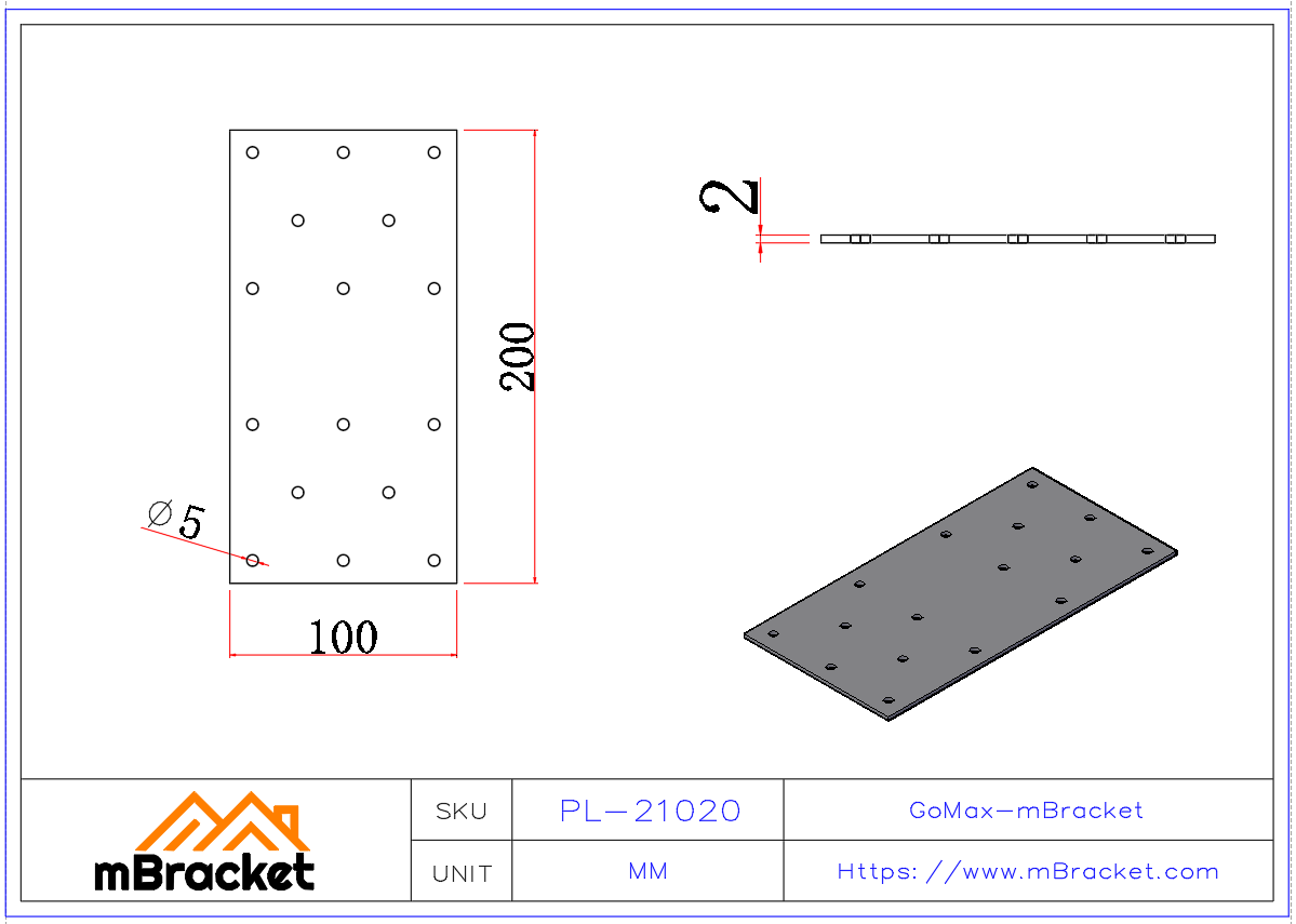 Flat Beam Connector Steel & Wood Structure Reinforcement Plate - 2*100*200 Product Dimensions