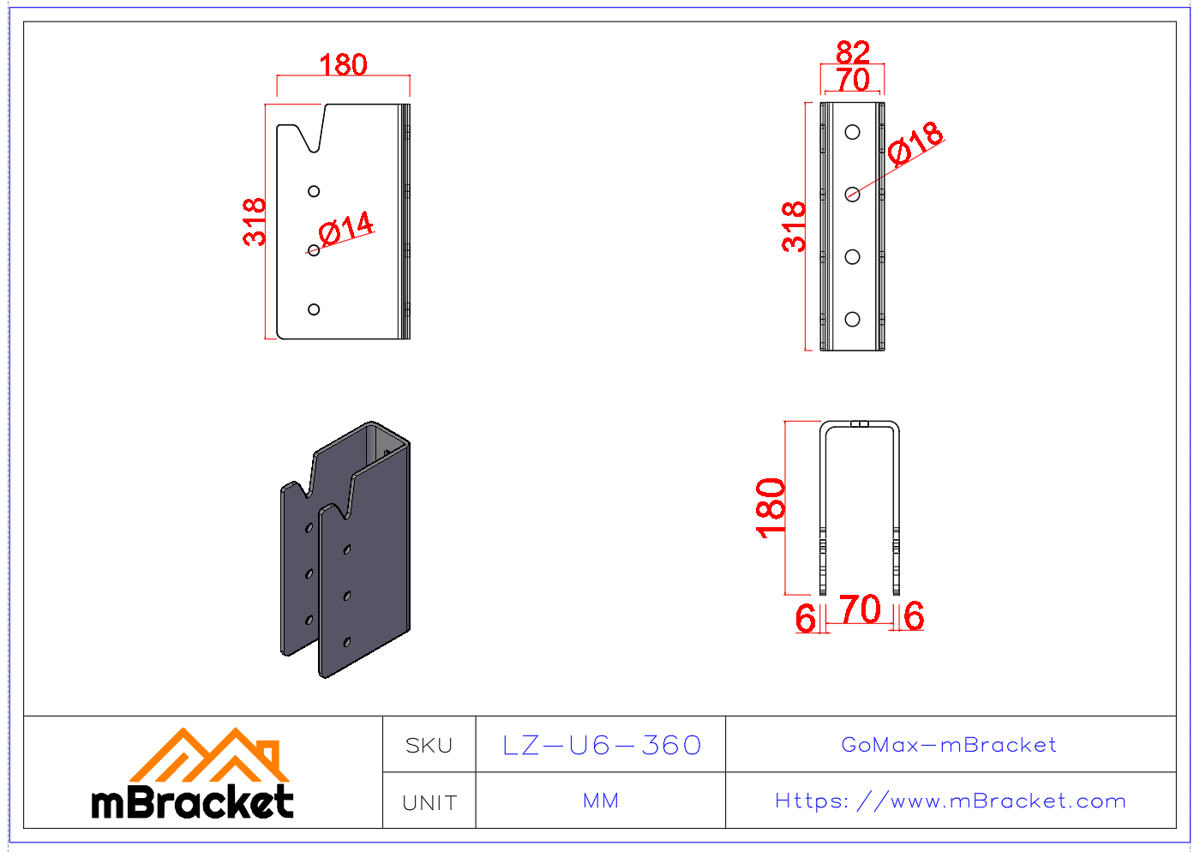 Concealed U-Shaped Beam-to-Column Connector for Japanese Timber Structures - 6*82*318 Product Dimensions