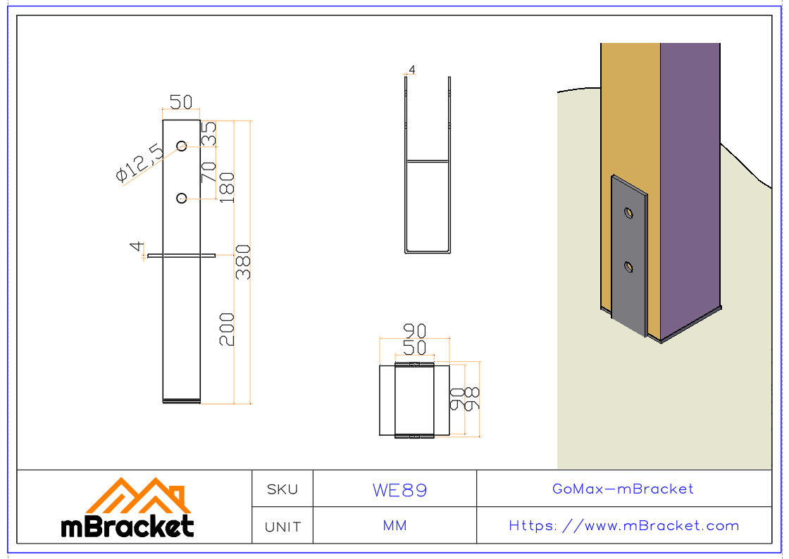 Fixed Post Base for Timber Frame Villa Metal Connector - 4.0*89*380 Product Dimensions