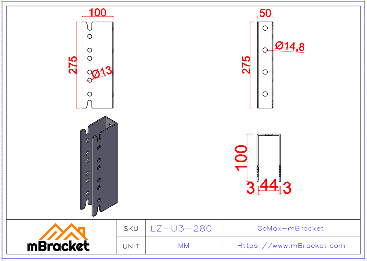 Concealed U-Shaped Beam-to-Column Connector for Japanese Timber Structure - 3*50*275 Product Dimensions