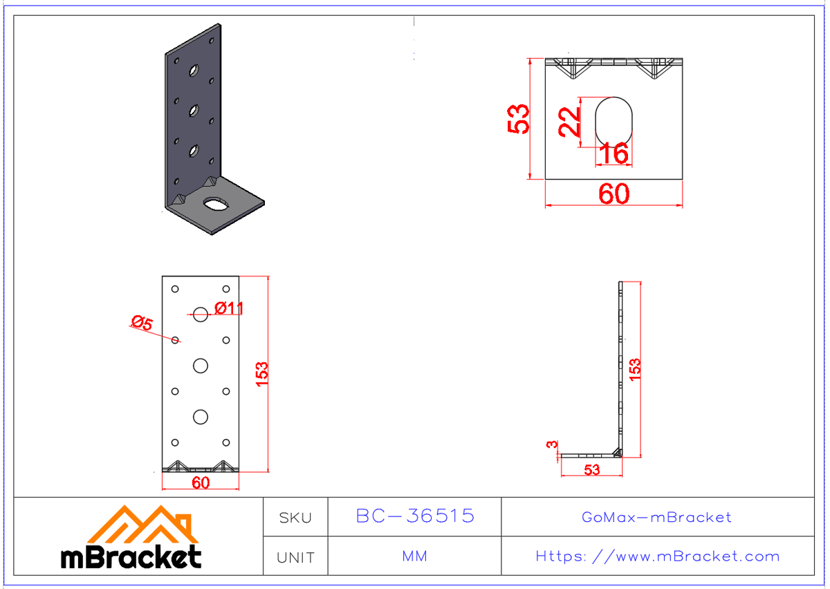Light Gauge Uplift Connector / Light Steel Connector / Light Steel Holdown - 3*60*53*153 Product Dimensions