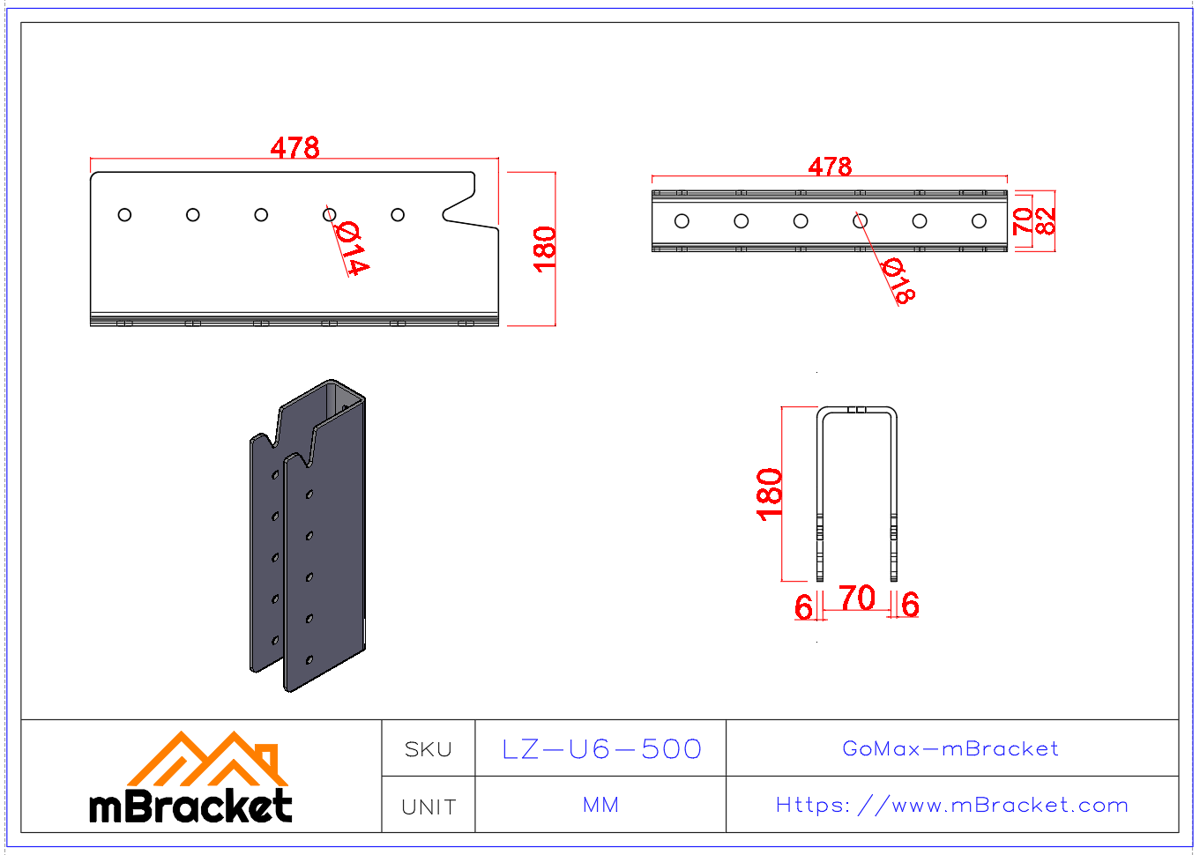 Concealed U-Shaped Beam-to-Column Connector for Japanese Timber Structure - 6*82*478 Product Dimensions