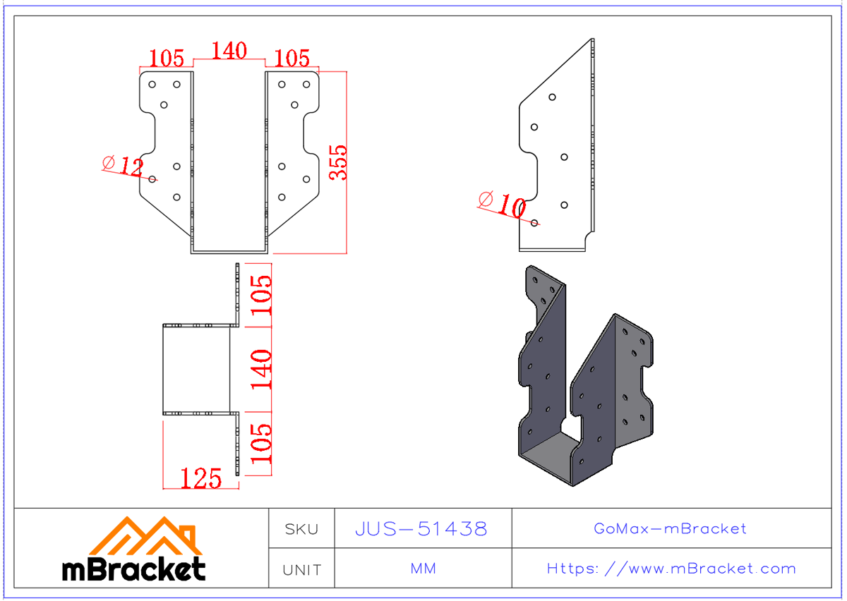Heavy-Duty Joist Hanger for Glulam Beams | Structural Wood Connector - 5*140*350 Product Dimensions