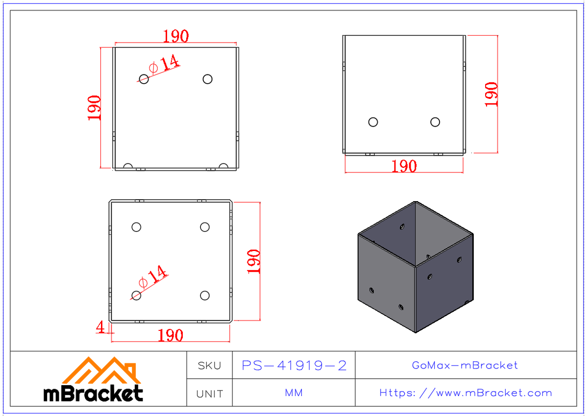 Square Post Base Column Connector Steel Structure Base - 4*190*190*190 Product Dimensions
