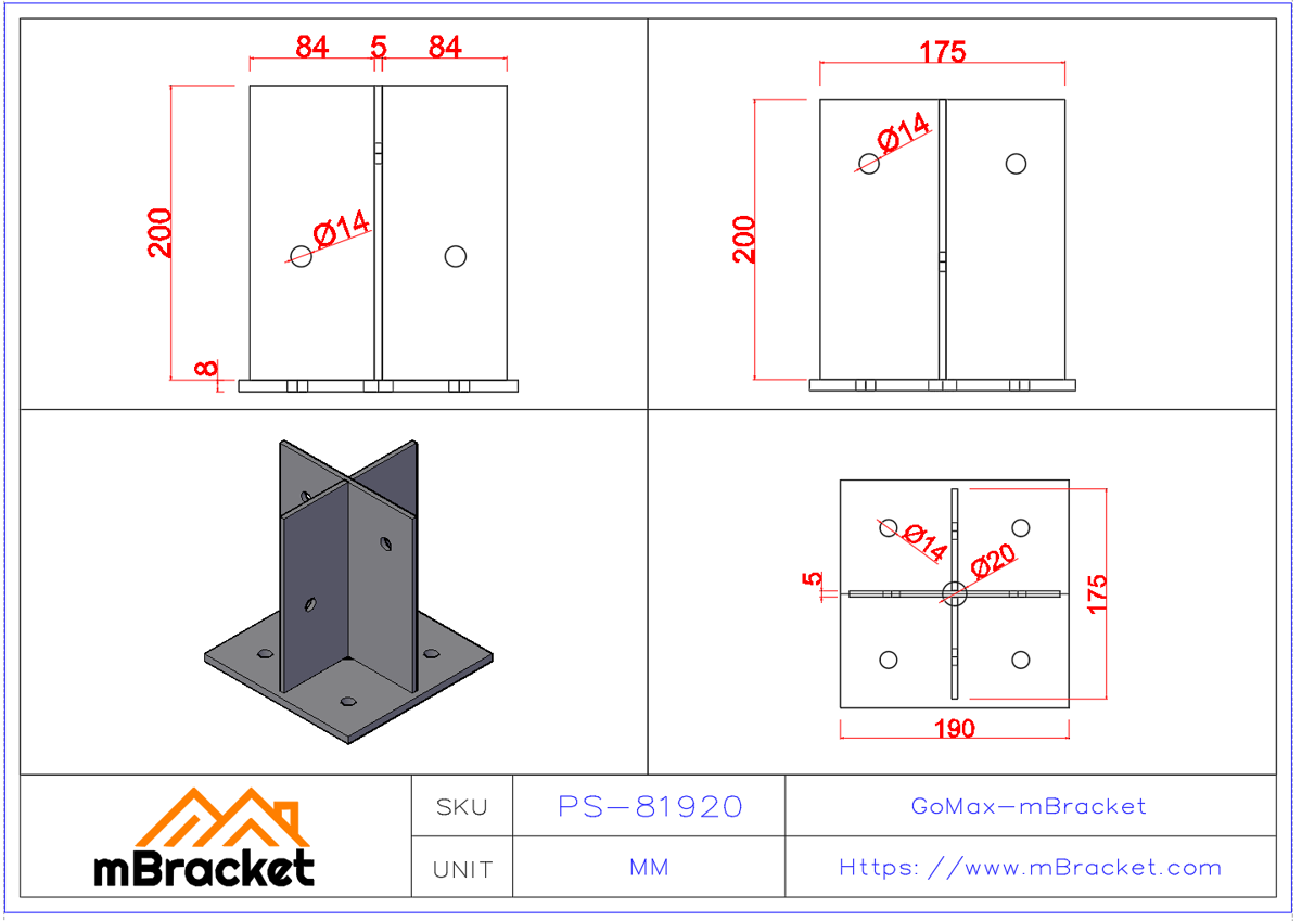 Cross-Shaped Concealed Post Base Connector Internal Cross Post Base Connector - 8*190*190*200 Product Dimensions