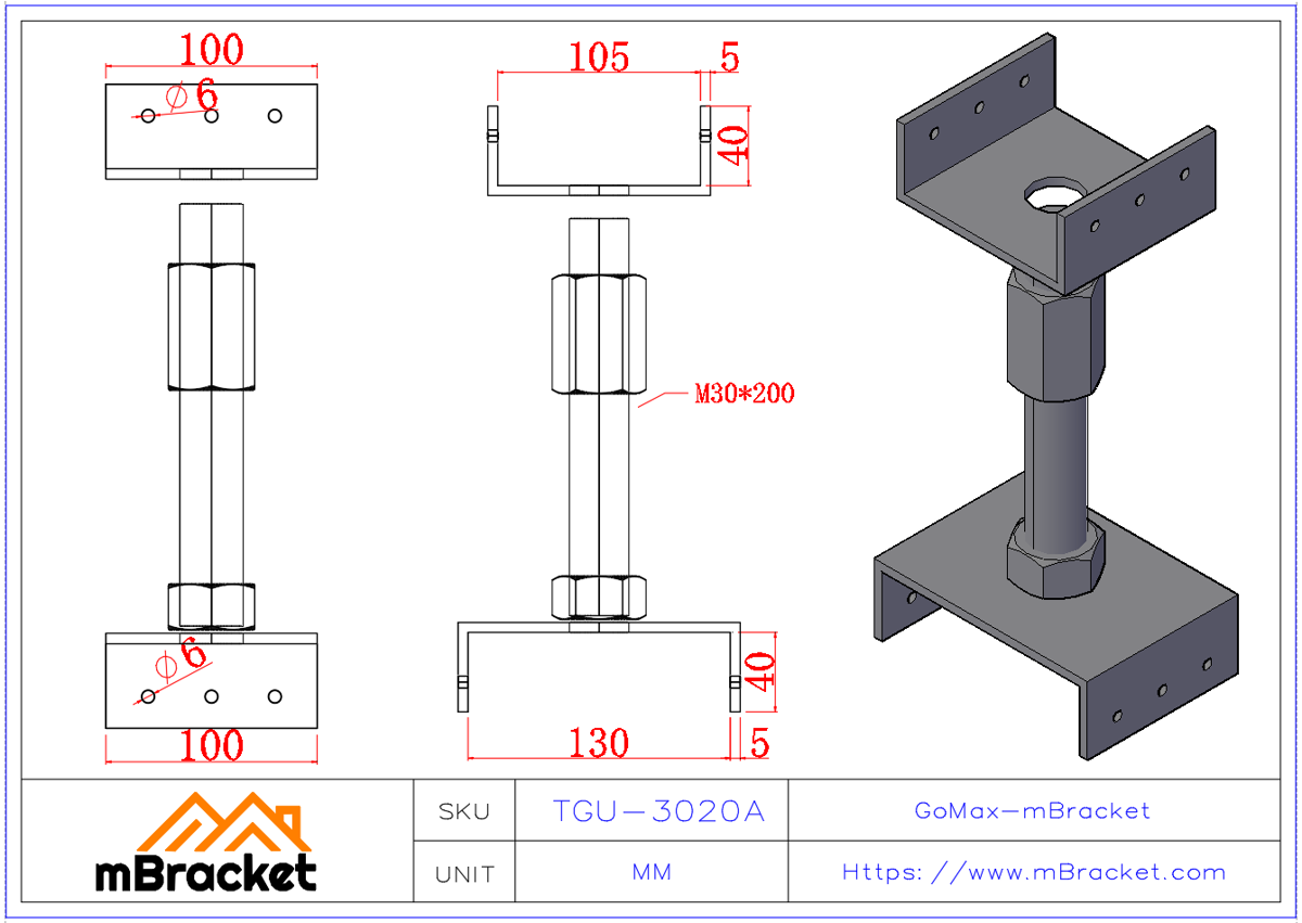 Heavy Duty Timber Column Lift Adjustable Screw 30mm Diameter - 30*200 Product Dimensions