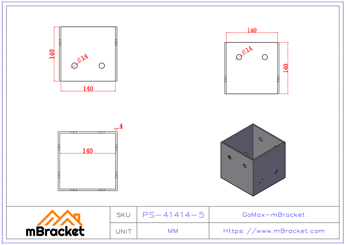 Square Column Base Connector Post Base Sleeve without Base Plate - 4*140*140*140 Product Dimensions