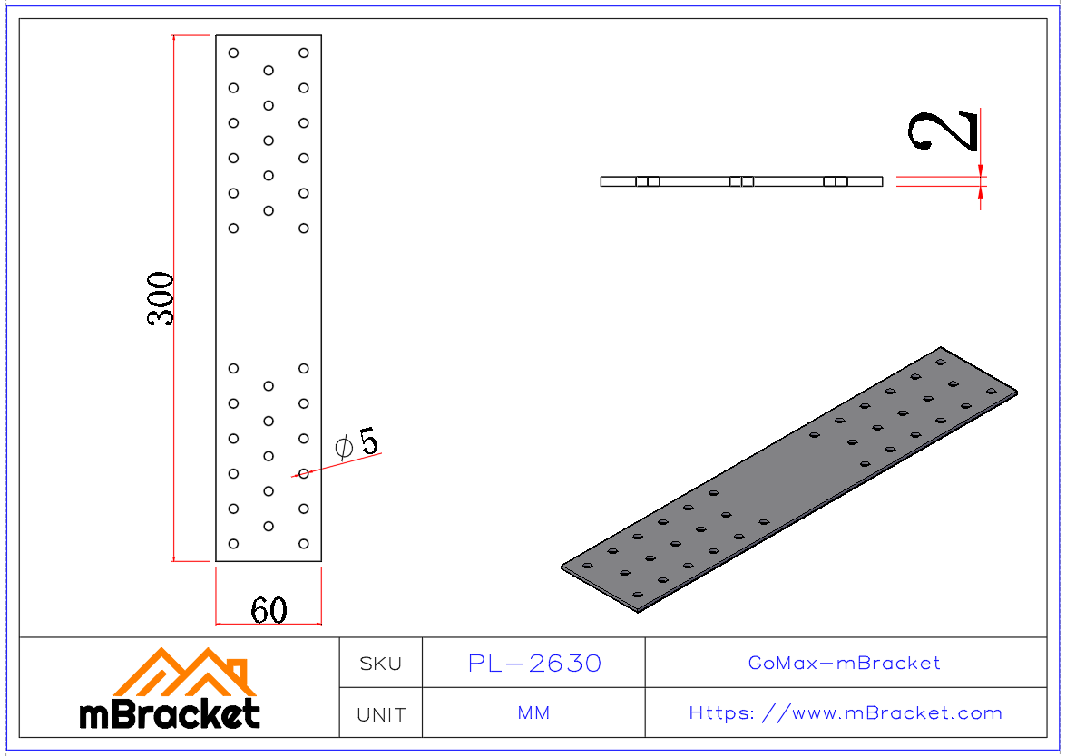 Flat Connector Plate, Nail Plate, Truss Connector, Wood Roof Metal Accessory - 2*60*300 Product Dimensions