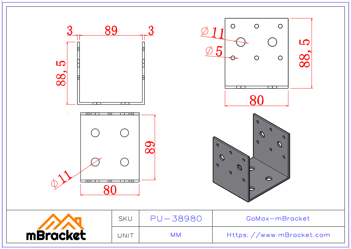 U-Shaped Post Base Connector, Column Base, Timber Connector - 3*89*89*80 Product Dimensions