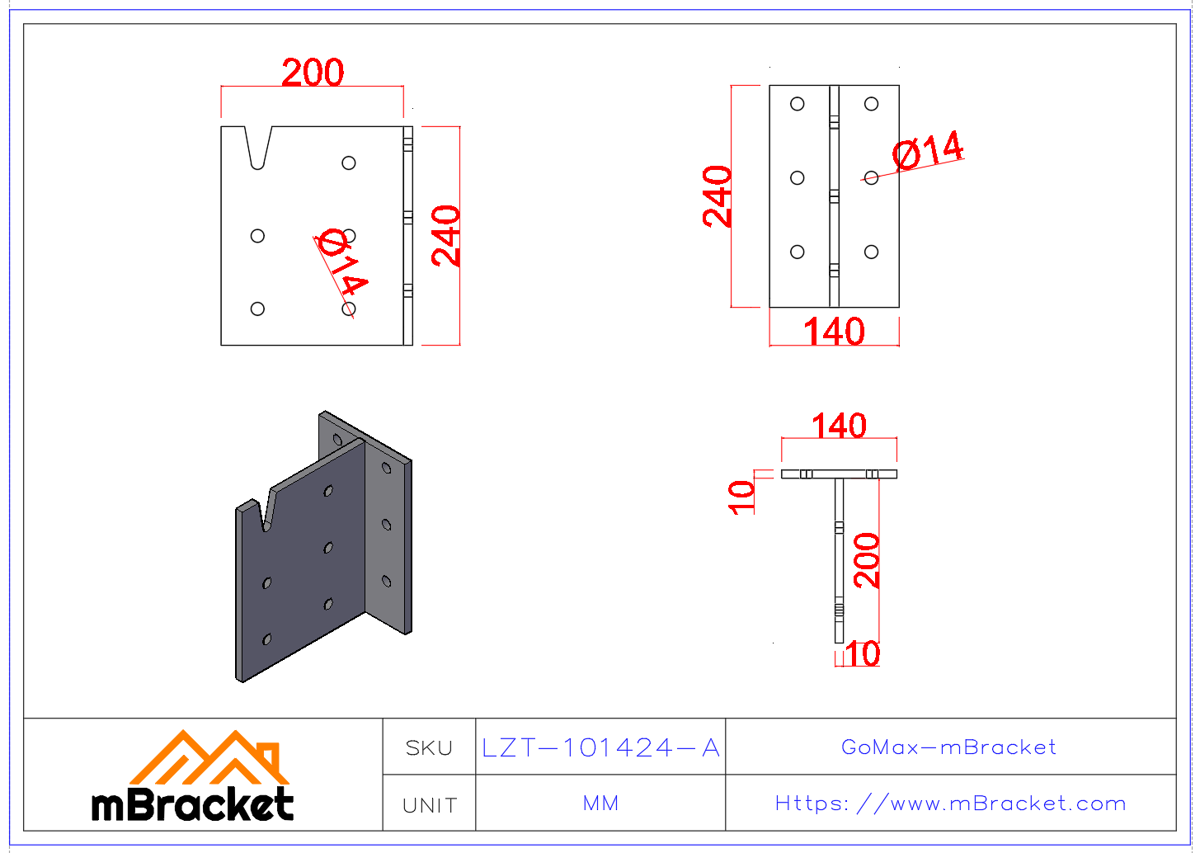 Beam-to-Post T-Type Concealed Connector - 10*140*240*200 Product Dimensions