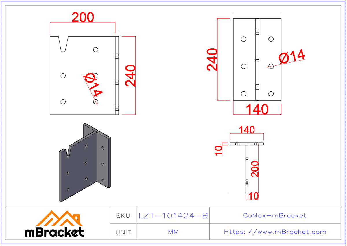Concealed T-Type Beam-to-Column Connector - 10*140*240*200 Product Dimensions