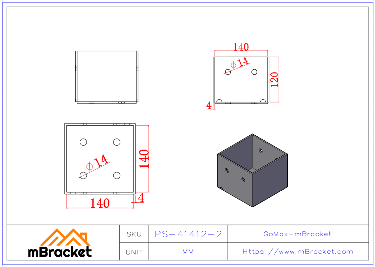 Square Post Base Connector, Column Base, Sleeve Connector - 4*140*140*120 Product Dimensions
