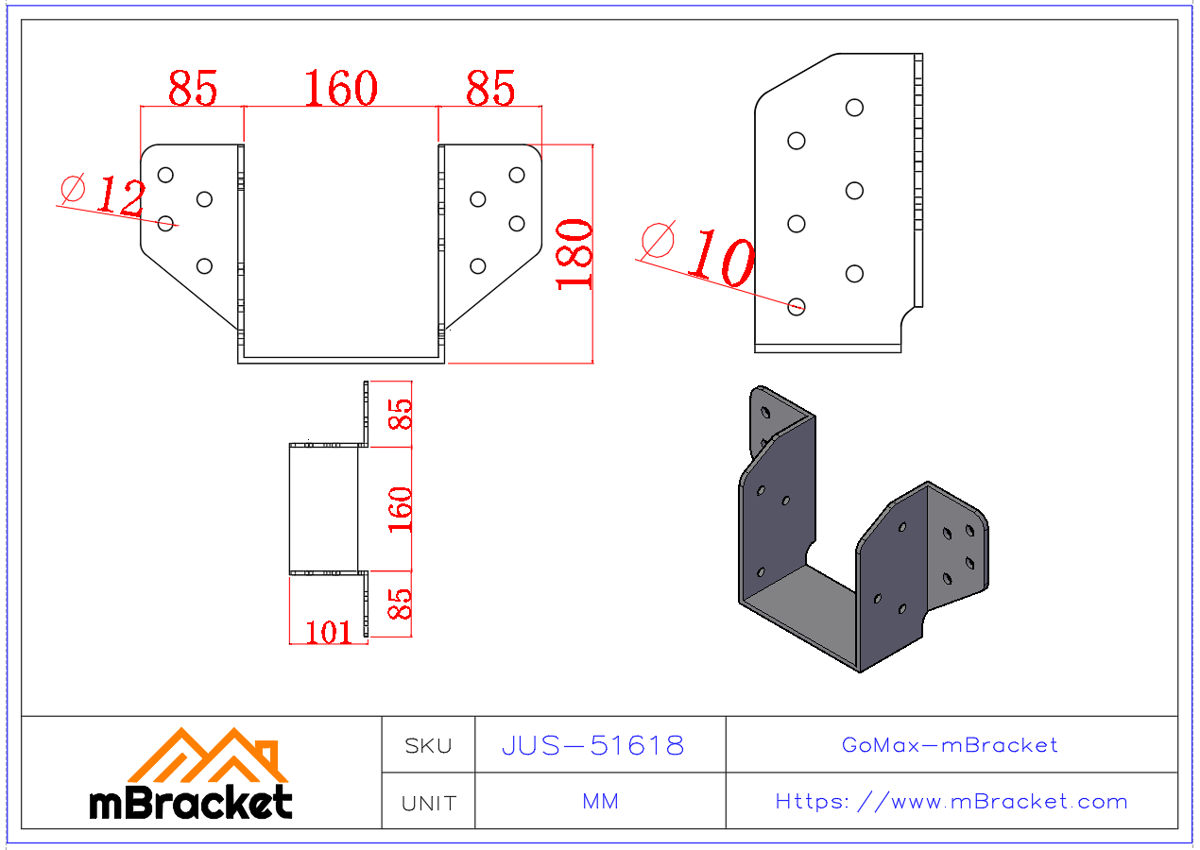 Heavy Duty Joist Hanger for 160mm Wide Wood Beam, Structural Connector - 5*160*175 Product Dimensions