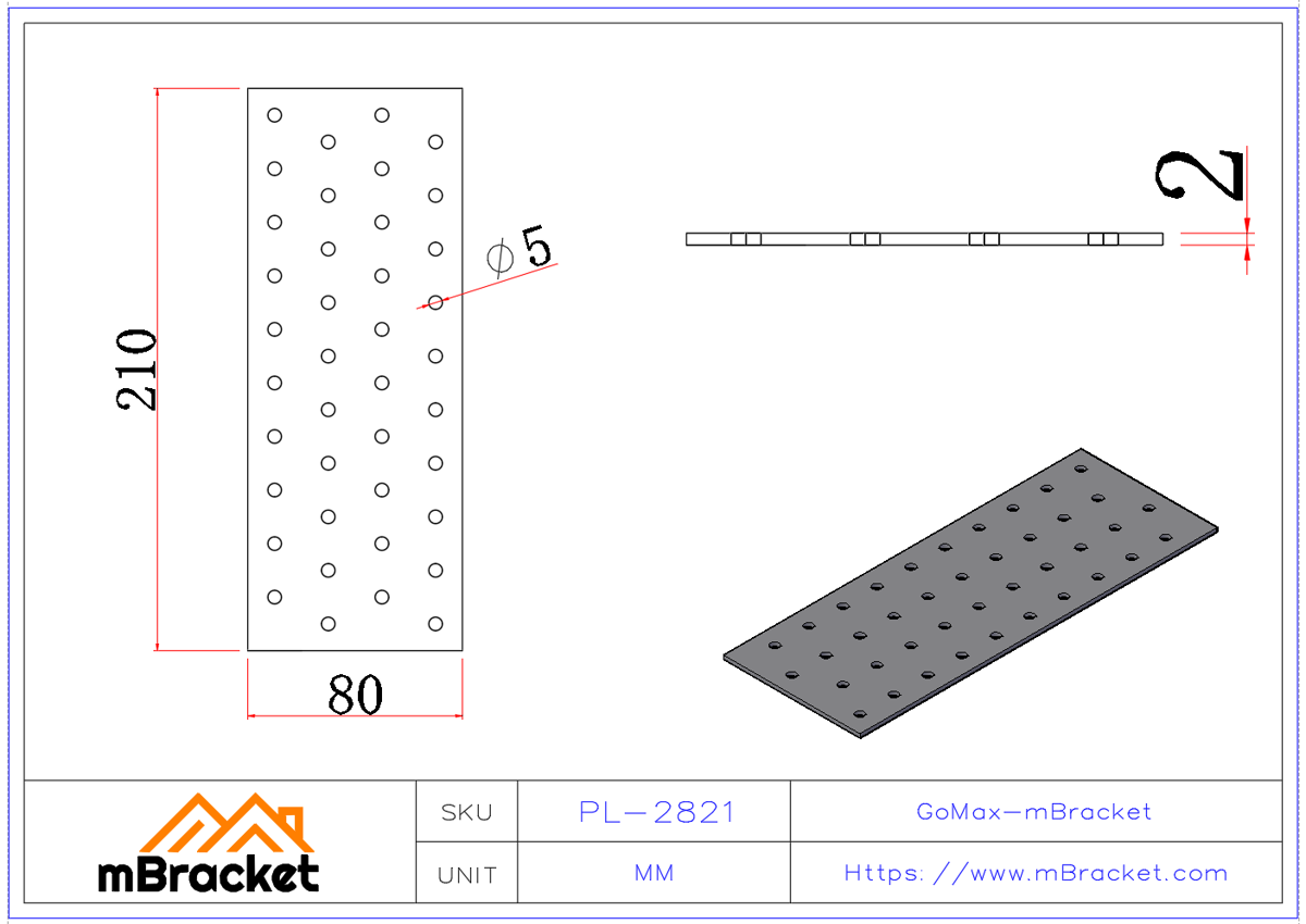 Nail Plate Connector / Flat Plate Connector / Timber Truss Connector / Light Steel Structure Connector - 2*80*210 Product Dimensions