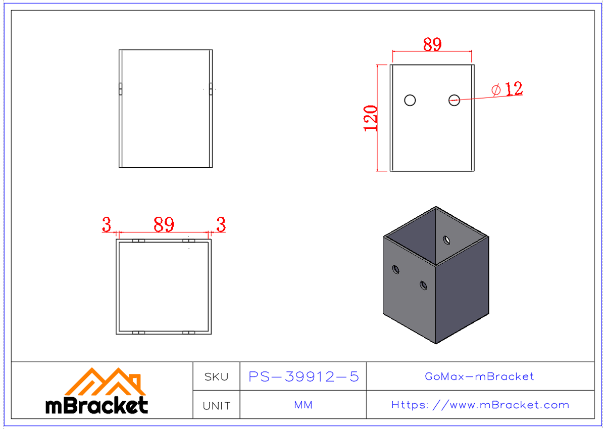 Square Open-Bottom Post Base Column Connector - 3*89*89*120 Product Dimensions
