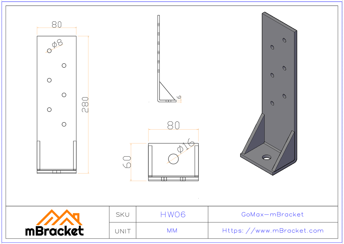 Post Base Connector, Uplift Restraint, Heavy Timber Connector, Light Steel Frame Connector - 6.0*80*280 Product Dimensions