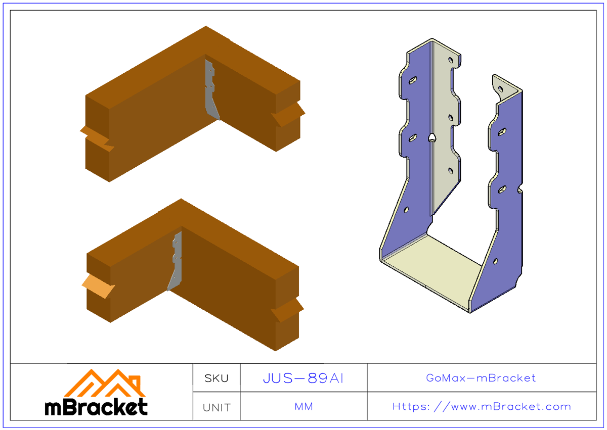 U-Shaped Beam Hanger Connector for Horizontal Joist-to-Beam Connection - 2*89*170 Application Example