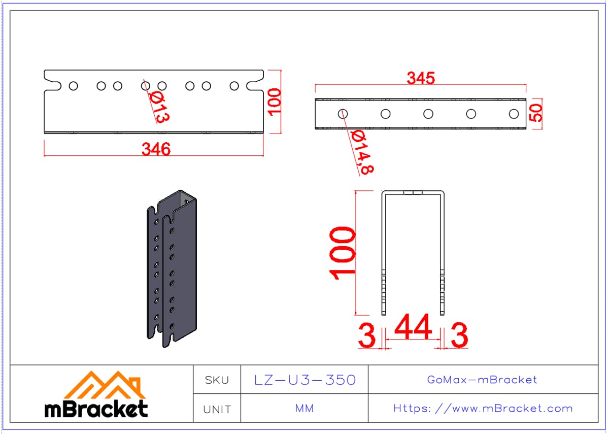 Concealed U-Shaped Beam-to-Column Connector for Japanese Timber Construction - 3*50*345 Product Dimensions