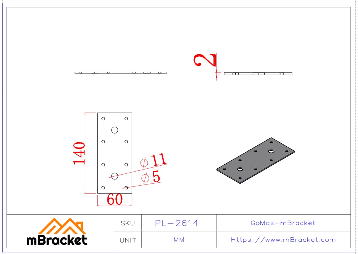 Flat Connector Plate, Nail Plate, Truss Connector, Wood Roof Metal Fittings - 2*60*140 Product Dimensions