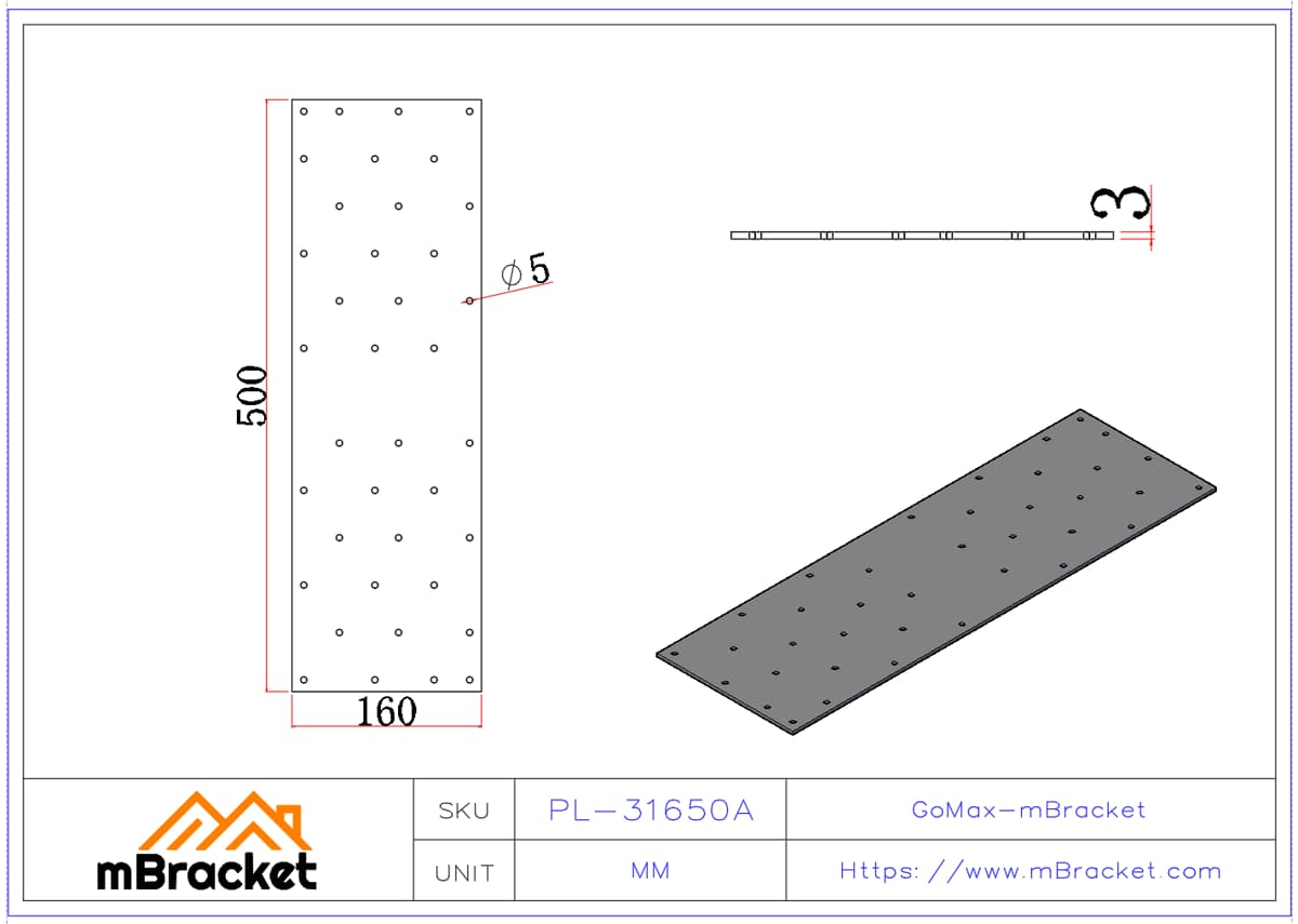 Flat Connector Plate, Nail Plate, Truss Connector, Wood Roof Metal Hardware - 3*160*500 Product Dimensions