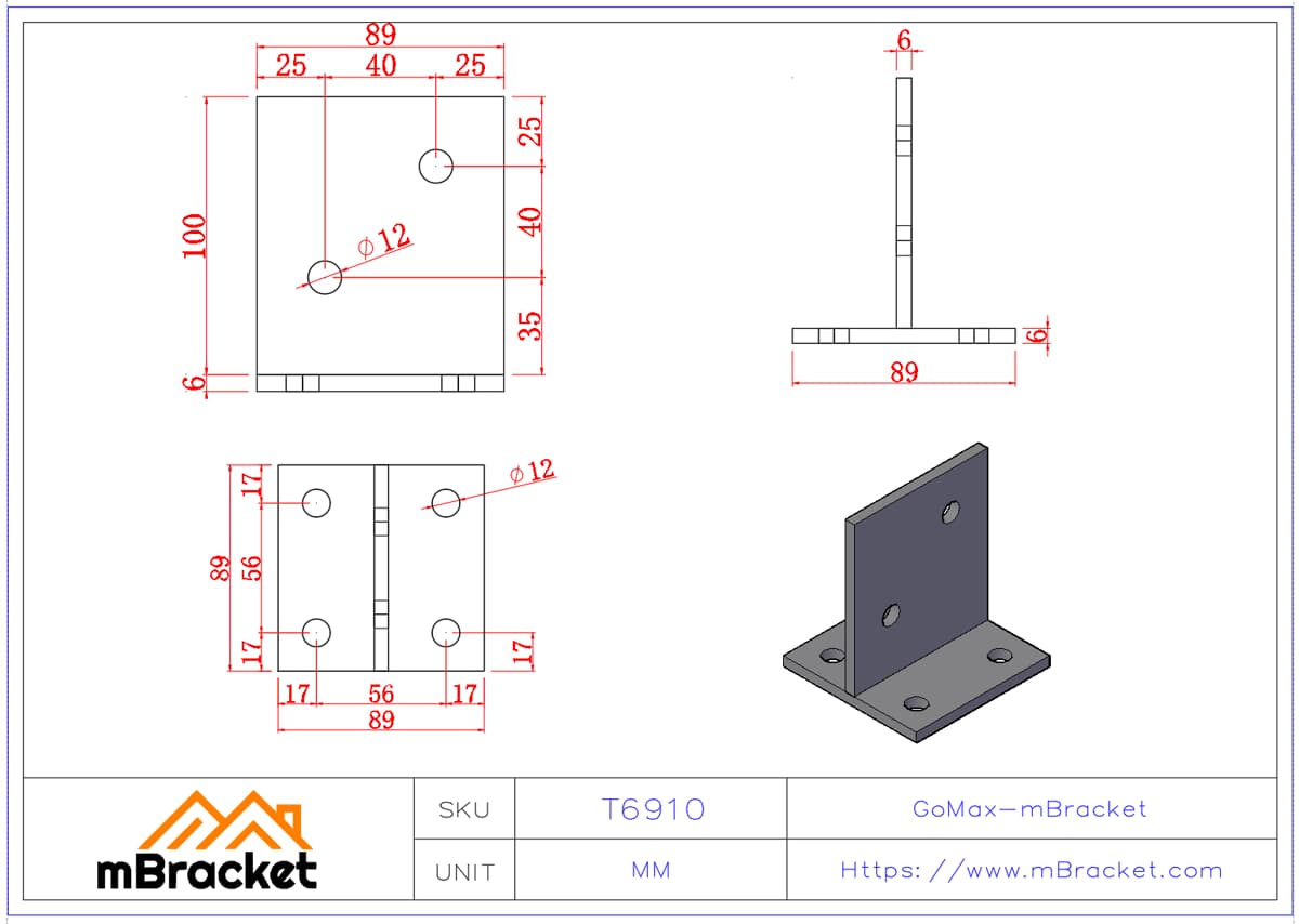 T-Shaped Post Base Concealed Angle Bracket Wood Structure Column to Ground Connector Hardware - 6*89*89*100 Product Dimensions