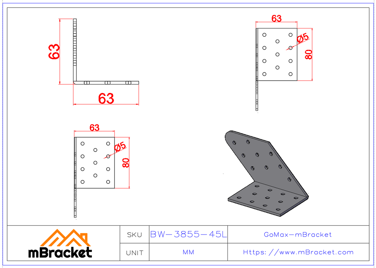 45-Degree Angle Connector Left-Hand Structural Steel Reinforcement Bracket - 3*80*60*60 Product Dimensions