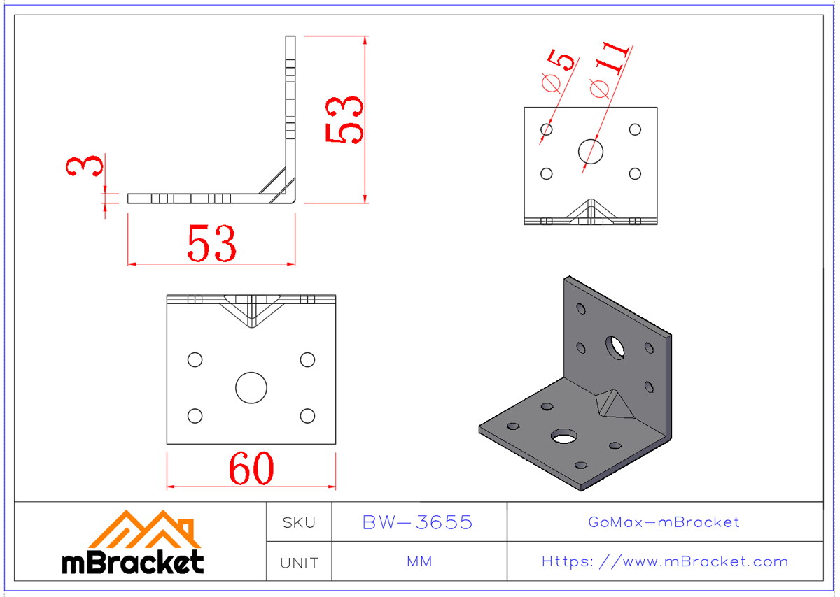 L-Shaped Angle Bracket Structural Connector Building Hardware Reinforcement Fittings - 3*60*50*50 Product Dimensions