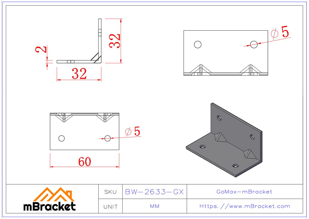 L-Shaped Angle Bracket Connector - 2*60*32*32 Product Dimensions