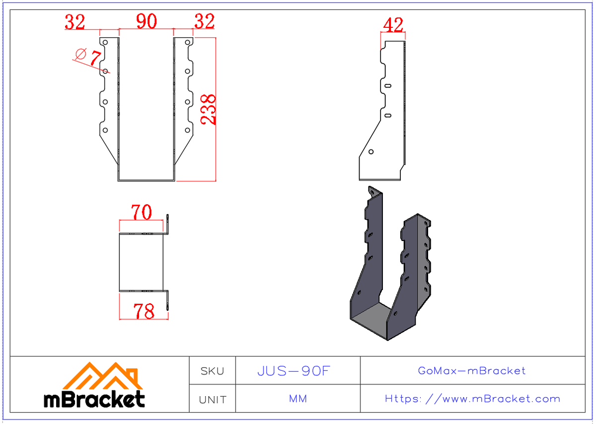 Heavy-Duty U-Beam Hanger Connector Wood Structure Beam-Column Reinforcement Hanger - 2*90*238 Product Dimensions