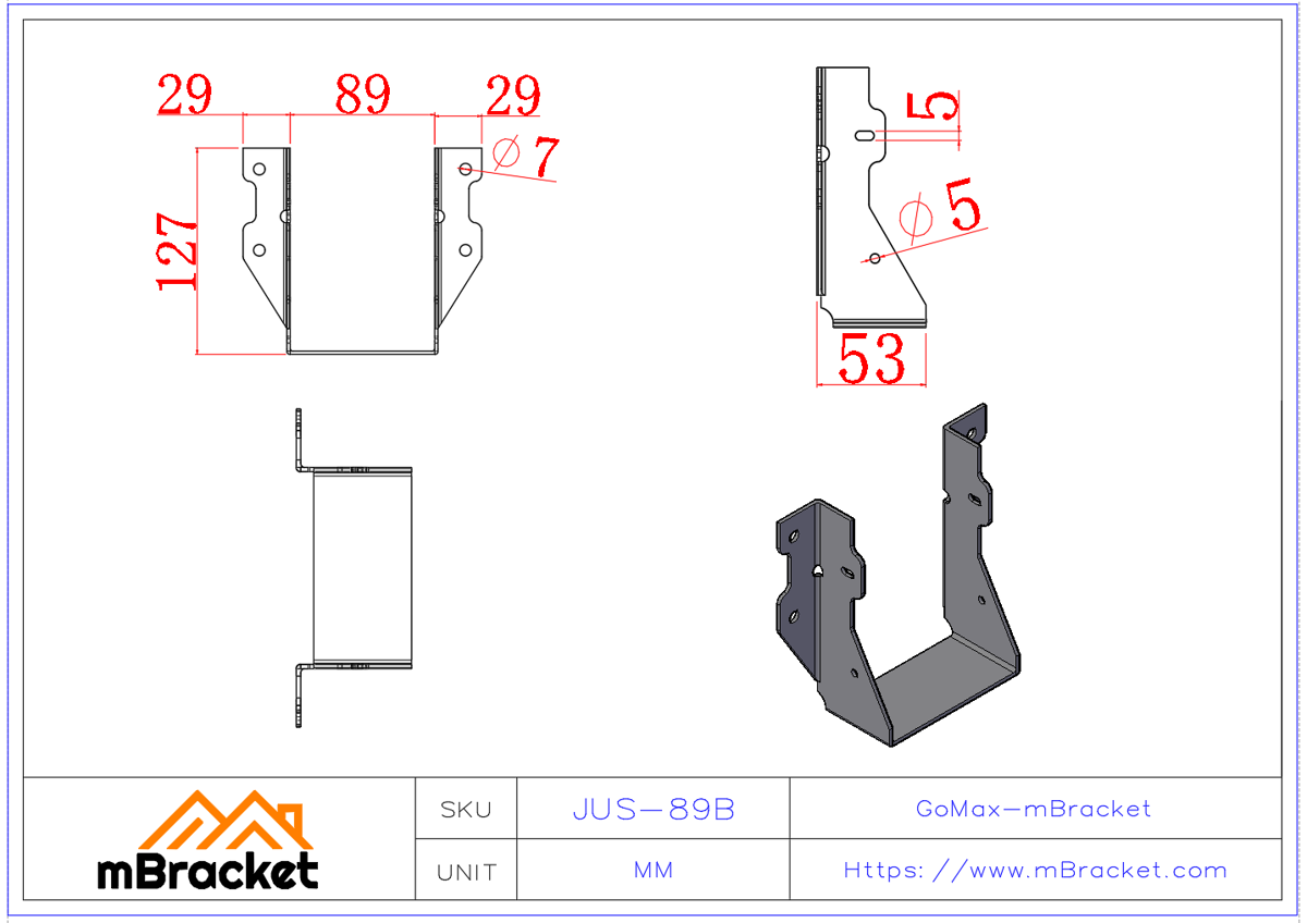 U-Shaped Beam Hanger Connector Wood Structure Beam and Column Reinforcement Bracket - 2*89*127 Product Dimensions