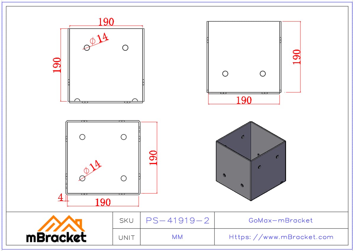Square Post Base Column Connector Steel Structure Base - 4*190*190*190 Product Dimensions