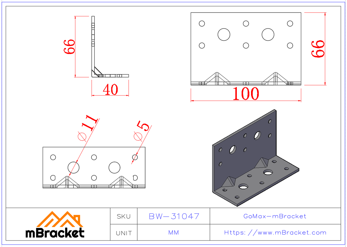 L-Shaped Angle Bracket Structural Connector Building Hardware Reinforcement Fittings - 3*100*40*66 Product Dimensions
