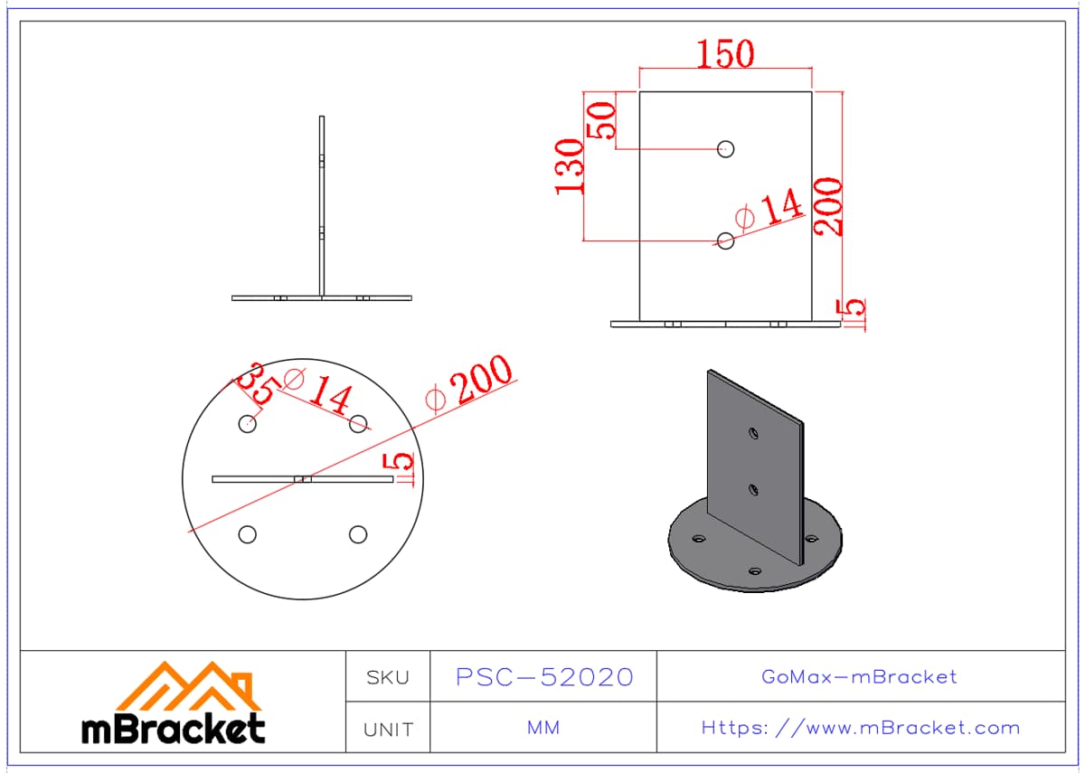 T-Type Post Base Connector, Steel Angle Bracket, Round Column Base Connector - 5*200*200 Product Dimensions