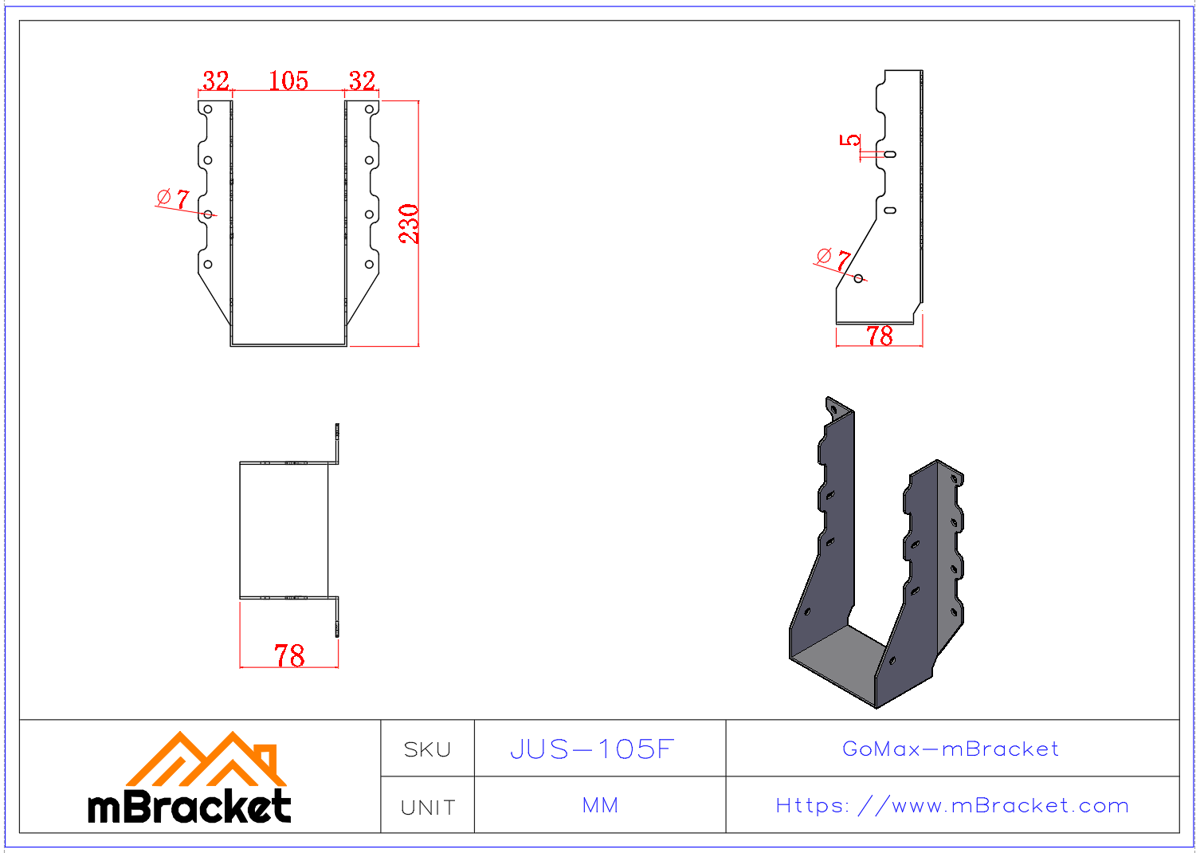 U-Shaped Beam Hanger Horizontal Wood Structure Connector - 2*105*230 Product Dimensions