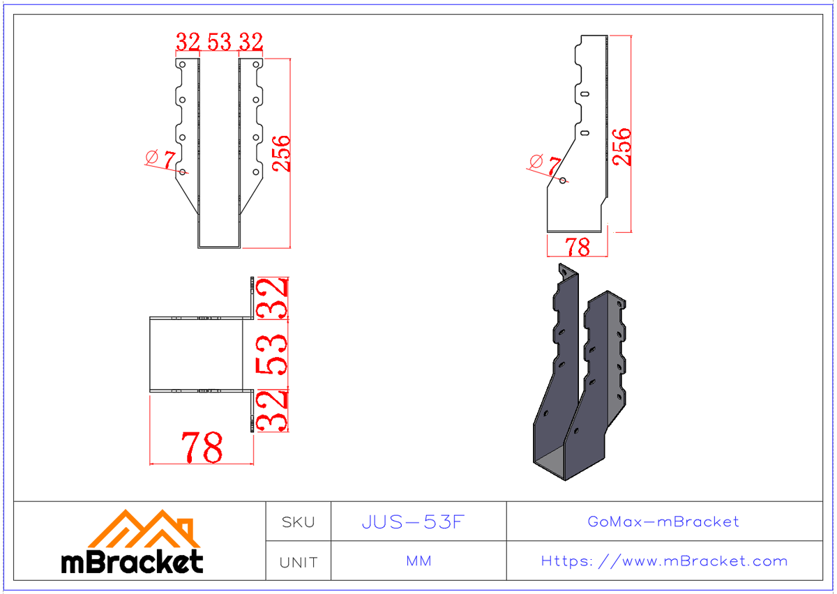 U-Shaped Beam Hanger Horizontal Wood Structure Connector - 2*53*256 Product Dimensions